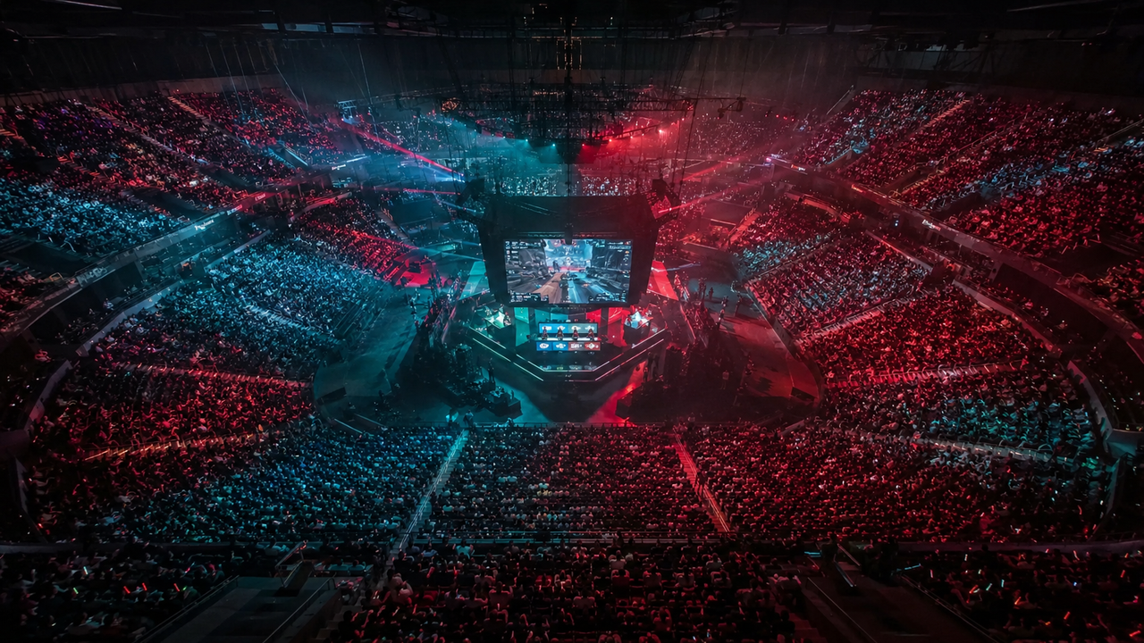 Arena de esports con el skyline de Shanghái