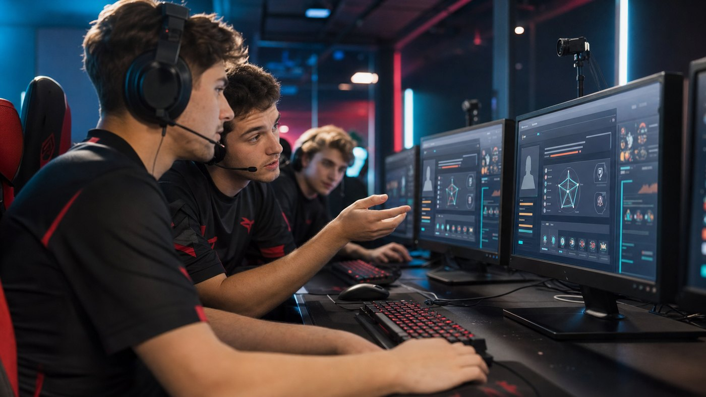 Esports players reviewing a personalized player card