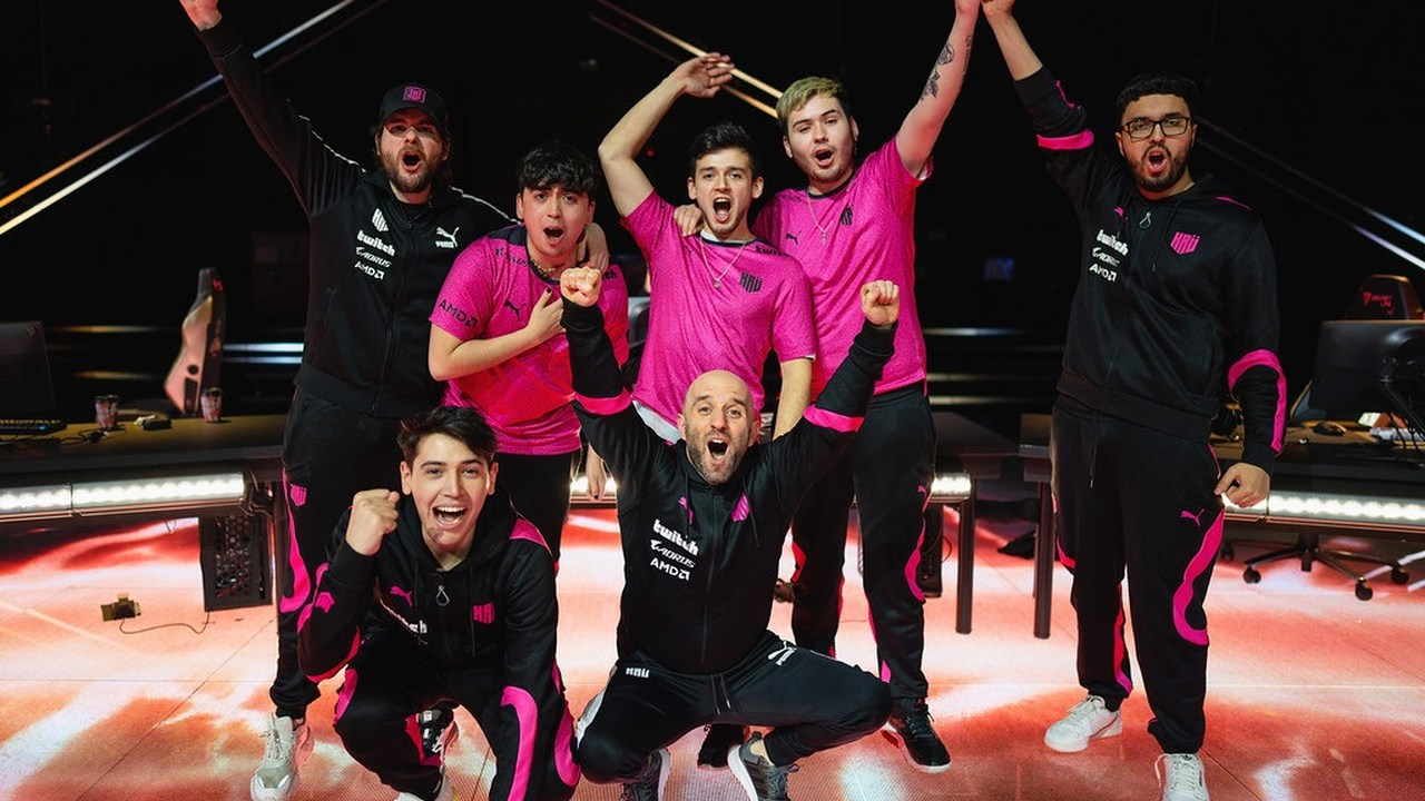 KRU Esports Valorant players celebrate together after a match
