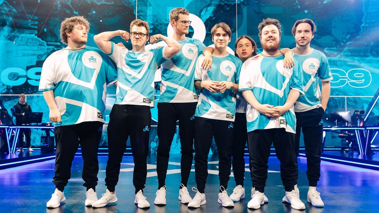 Cloud9 Valorant players stand together at a live event