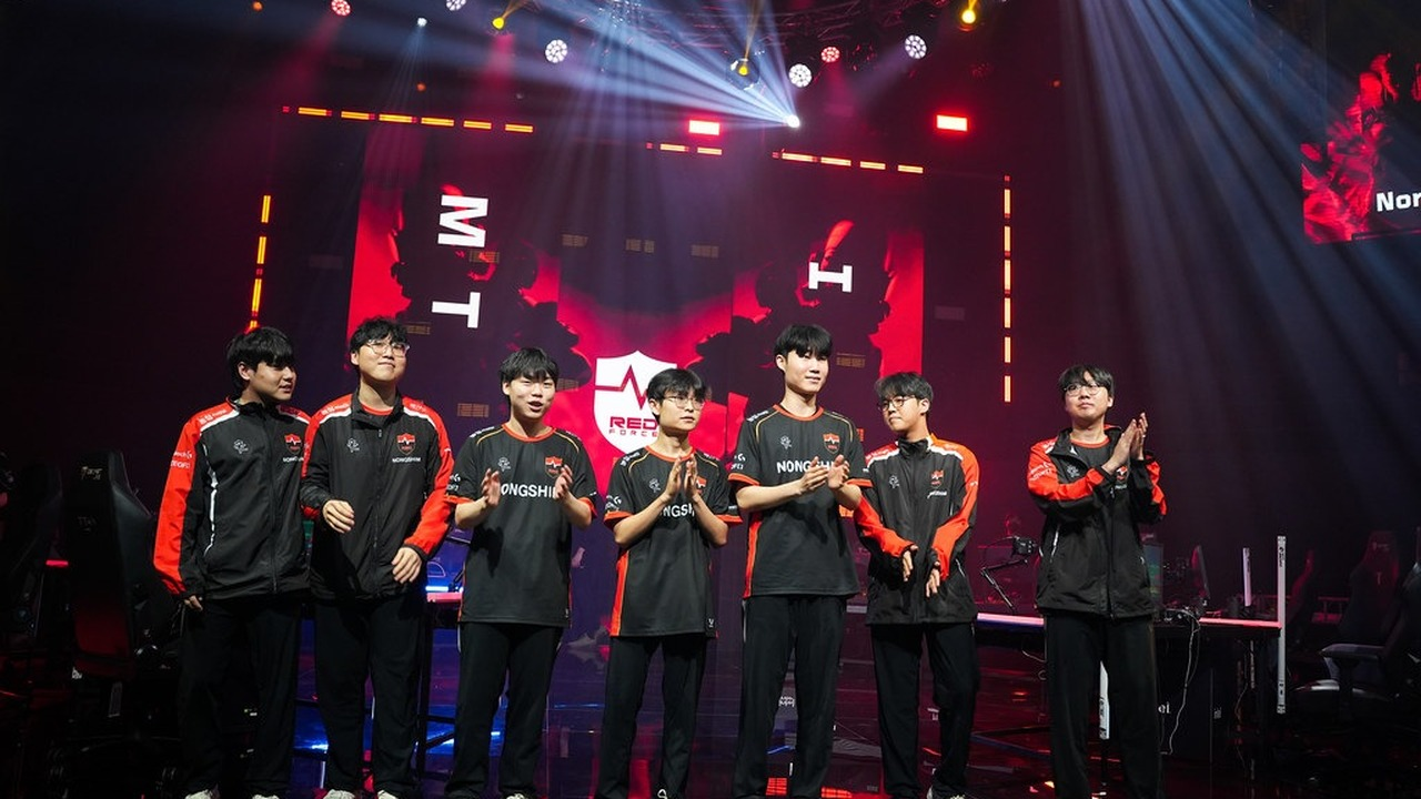 Nongshim RedForce Valorant players stand together on stage