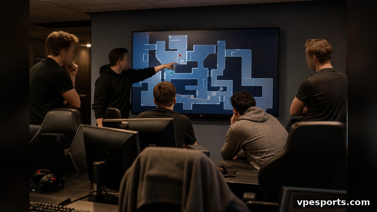 Editorial illustration of MIBR mid-round problem solving
