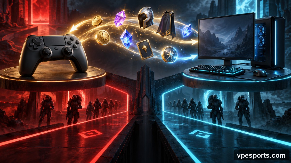 Conceptual illustration of shared account progression across console and PC