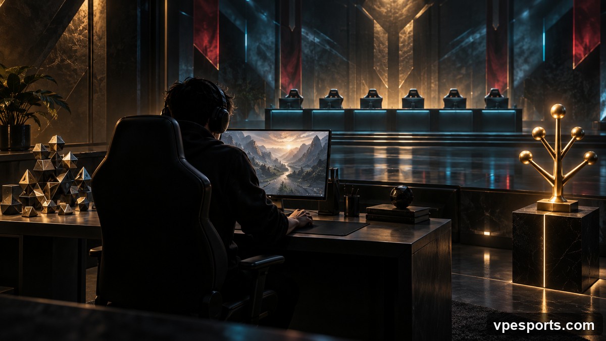 Conceptual illustration of a European esports free agent searching for a team