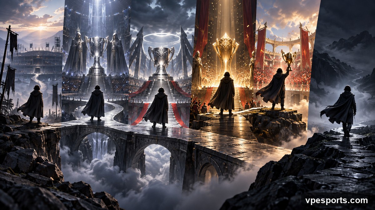 Conceptual illustration of a four-year esports journey from finals to trophies