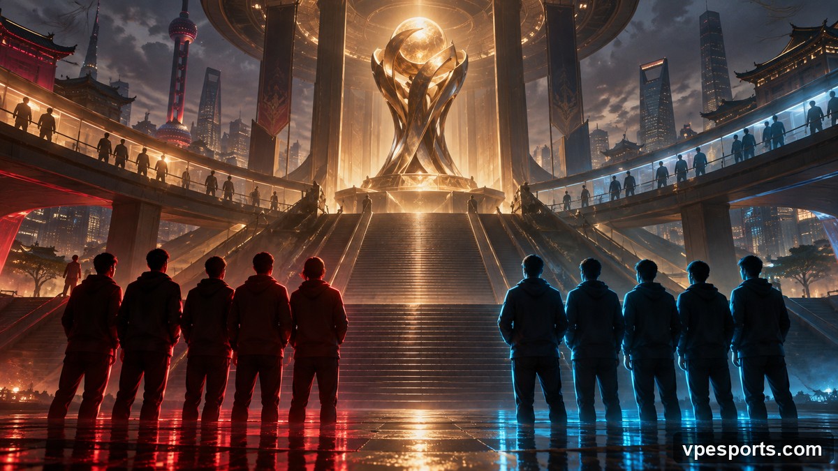 Conceptual illustration of two complete debut lineups facing a world stage