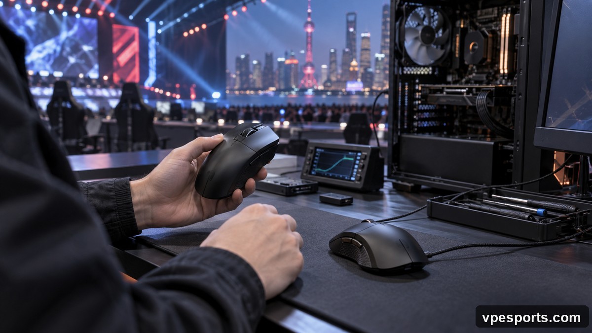 Conceptual illustration of an esports player checking a mouse before a match