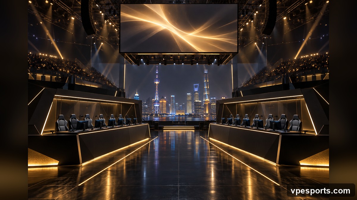 Conceptual illustration of opposing team booths across a central stage aisle