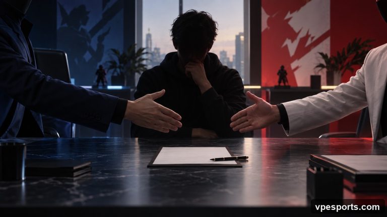 Conceptual illustration of a reported in-game leader move involving Team Heretics
