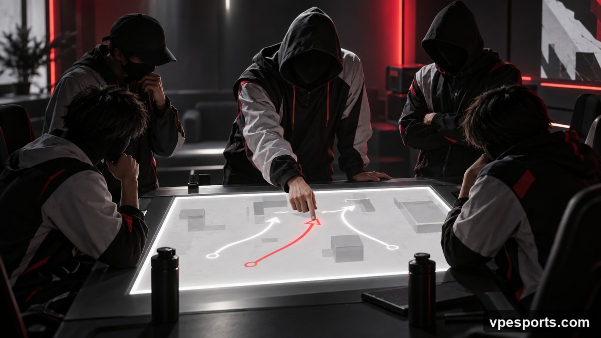Conceptual illustration of an esports in-game leader guiding four teammates