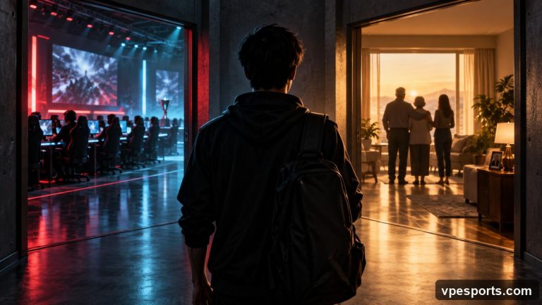 Conceptual illustration of an unnamed esports player weighing career and family