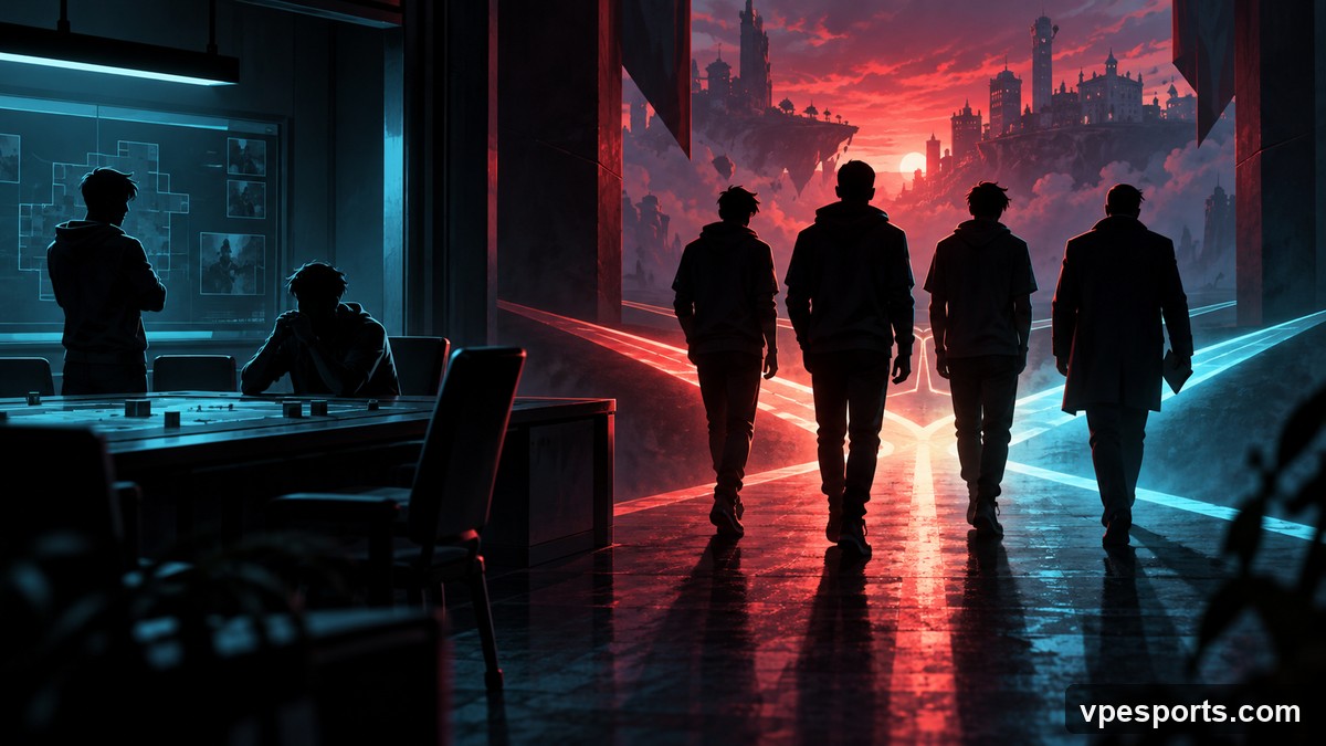 Conceptual illustration of three esports players and a coach exploring new options