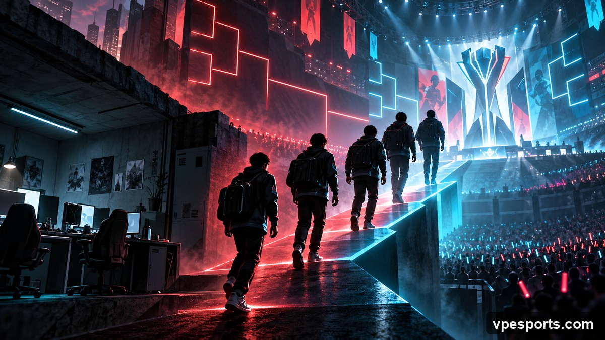 Conceptual illustration of a Challengers team reaching a major professional arena