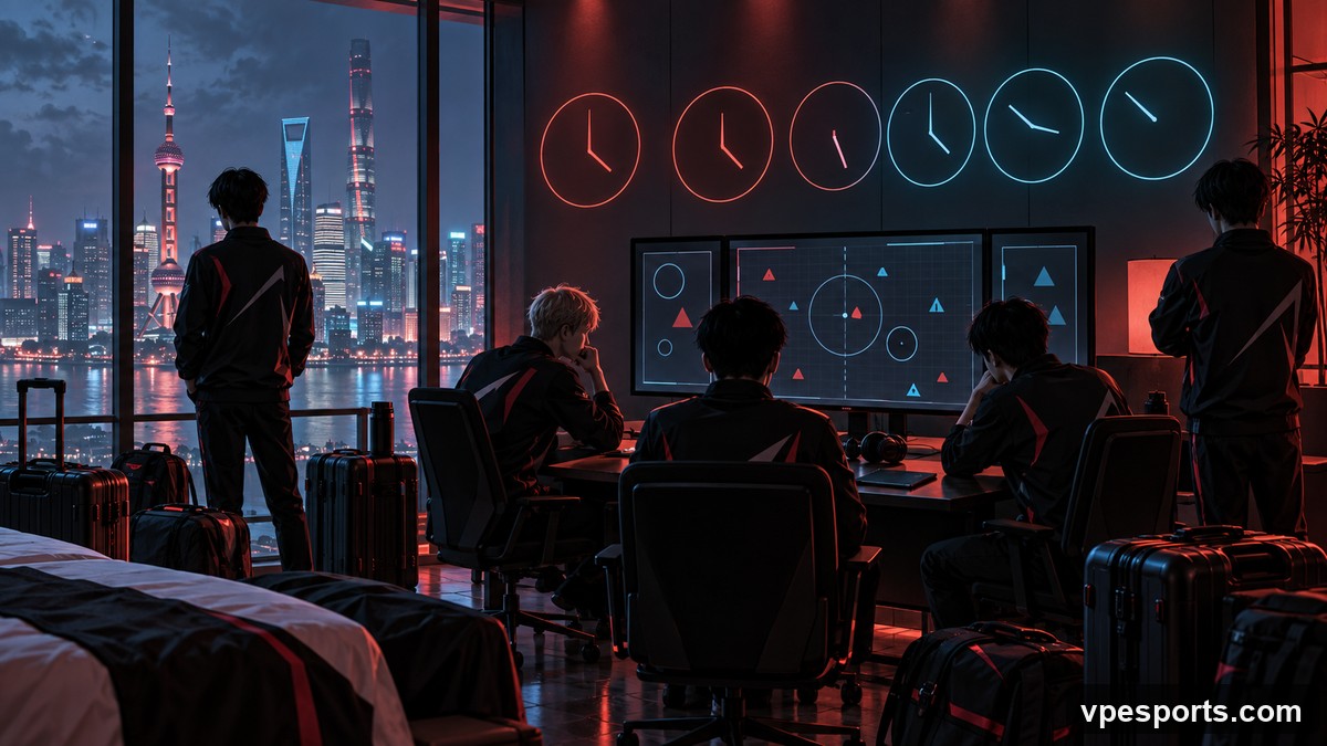 Conceptual illustration of an esports team adjusting its schedule in Shanghai