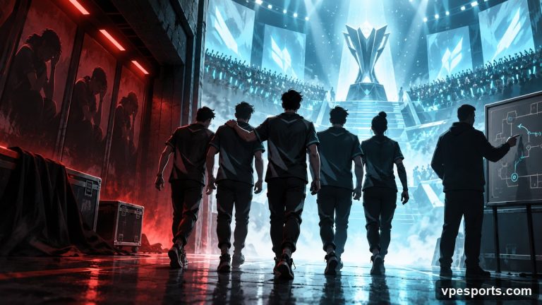 Conceptual illustration of a team emerging from a difficult stage into a championship arena