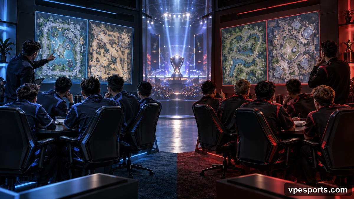 Teams study different map pools before a high-stakes best-of-three